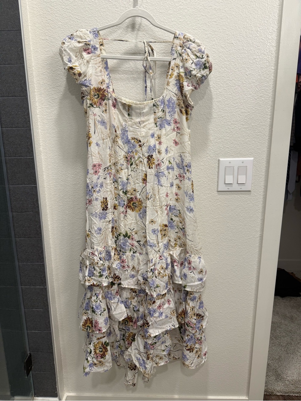 Anthropologie White Floral Midi Dress with Puff Sleeves